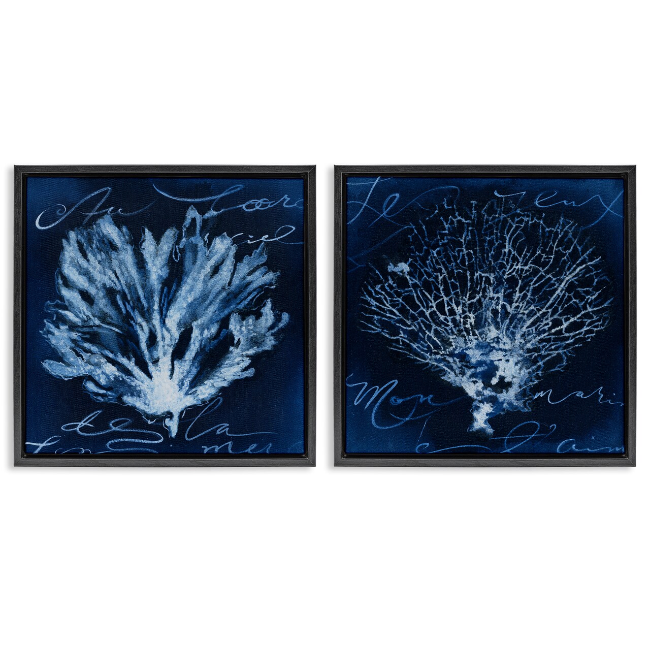 Stupell Industries Dark Blue Coral Pieces 2 pc Framed Floater Canvas Wall Art Set Design by Liz Jardine